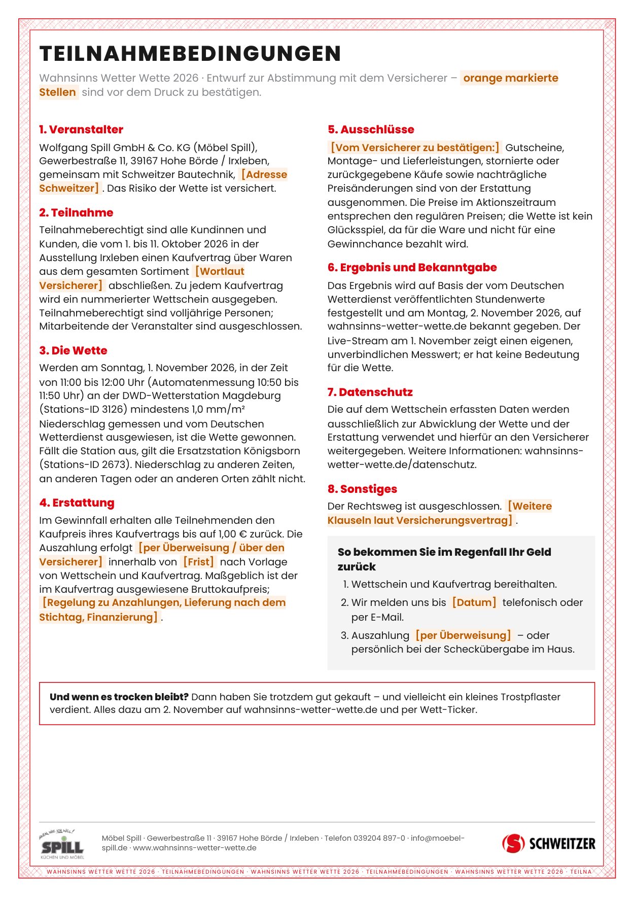 Wett-Garantie-Schein, Rückseite mit den Teilnahmebedingungen